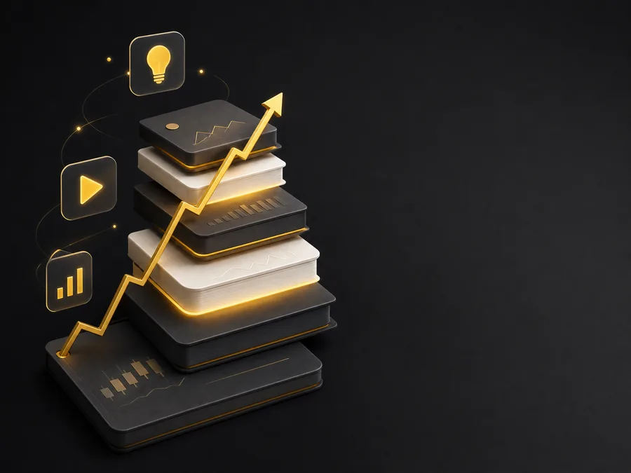 Illustration of stacked learning materials with a rising chart arrow