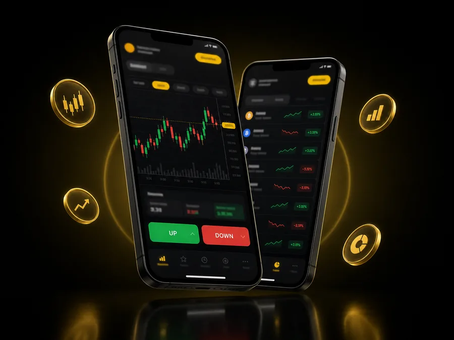 Two smartphones showing the Binomo mobile trading app with a chart screen and an asset list