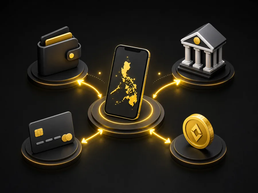 Illustration of peso deposits moving from a phone to a digital wallet, a bank, a card and a crypto coin
